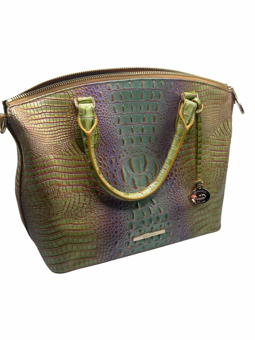 Brahmin Iridescent Green-Purple Croc Embossed Duxbury Satchel